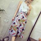 Set: Sleeveless Top + Print High Waist A-line Skirt