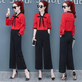 Set: Bow Neck Dotted Blouse + Wide Leg Pants