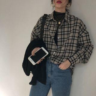 Long-sleeve Plaid Shirt Plaid - Black & Khaki - One Size