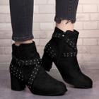 Velvet Rivet Buckled Block-heel Ankle Boots