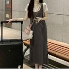 Mock Two-piece Short-sleeve Round Neck Midi Dress