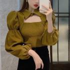 Puff-sleeve Collared Cut-out Blouse