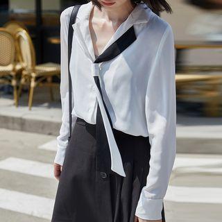 Notch Lapel Tie-neck Chiffon Blouse