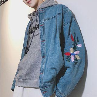 Flower Embroidered Button Denim Jacket
