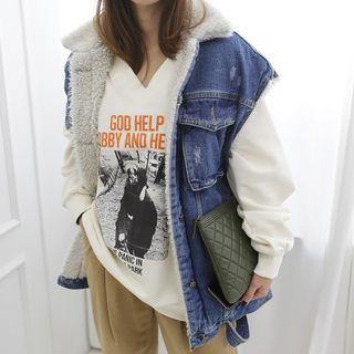 Flap-pocket Faux-shearling Denim Vest Blue - One Size