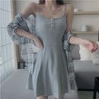 Spaghetti Strap A-line Mini Dress / 3/4-sleeve Plaid Chiffon Shirt