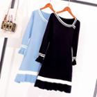 Long-sleeve Contrast Trim A-line Knit Dress