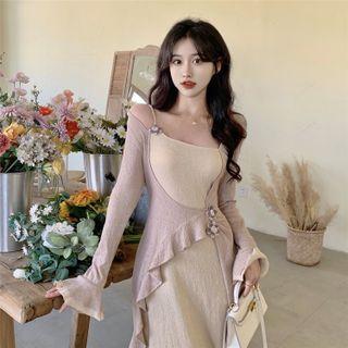 Mock Two-piece Long-sleeve Cold-shoulder Flower Accent Midi Sheath Dress