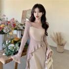 Mock Two-piece Long-sleeve Cold-shoulder Flower Accent Midi Sheath Dress