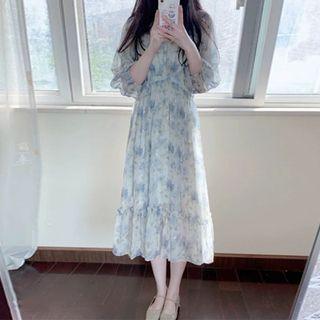 3/4 Sleeve V-neck Floral Print Midi Smock Dress