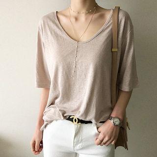 U-neck Elbow-sleeve Linen T-shirt