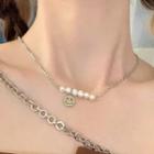 Faux Pearl Smiley Pendant Necklace Silver - One Size