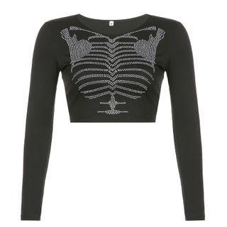 Long-sleeve Rhinestone Embellished Cropped T-shirt