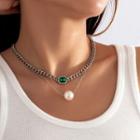 Gemstone Layered Necklace 1pc - 3423 - Silver & Green & White - One Size