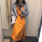Cropped Denim Jacket / V-neck Midi Spaghetti Strap Dress