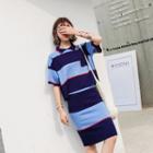 Set: Elbow-sleeve Collared Striped Knit Top + Striped Knit Skirt