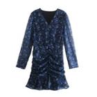 Long-sleeve Printed Shirred A-line Dress