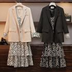 Set: Plain Single-button Blazer + Printed Long-sleeve Tiered Dress