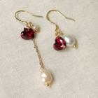 Asymmetrical Heart Beaded Drop Earring 1 Pair - 1883 - Red Rhinestone & Faux Pearl - Gold - One Size