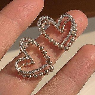 Rhinestone Heart Earring 1 Pair - Silver Needle - Gold - One Size