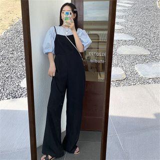 Plain Short-sleeve Blouse / Sleeveless Jumpsuit