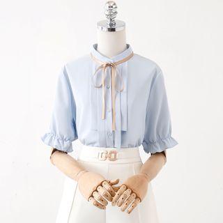 Short-sleeve Tie-neck Button-up Blouse