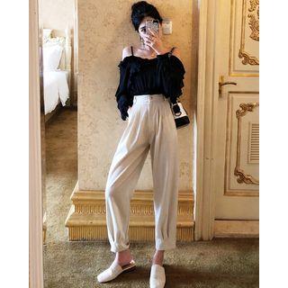 Off-shoulder Chiffon Top / High-waist Harem Pants
