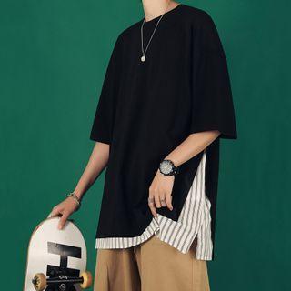 Elbow-sleeve Mock Two-piece Striped T-shirt