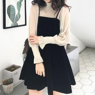 Set: Long-sleeve Mock Neck Top + Shoulder-tie A-line Dress Top - White - One Size / Dress - Black - One Size