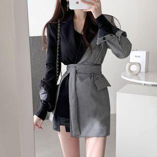 Plaid Panel Tie-waist Blazer