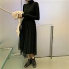 Turtleneck Long-sleeve Midi A-line Dress Black - One Size