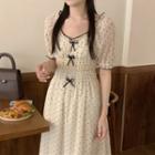 Puff-sleeve Polka Dot Bow-accent Midi Dress Off-white - One Size