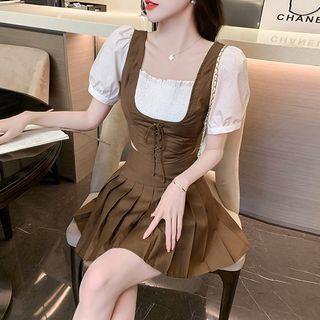 Set: Puff-sleeve Lace Up Cropped Blouse + Mini Pleated Skirt