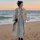 Double Breasted Long Trench Coat / Long-sleeve Floral Print Midi A-line Dress