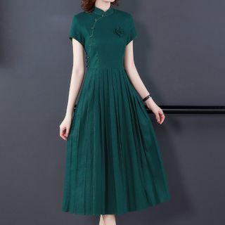 Short-sleeve Linen Midi Qipao Dress