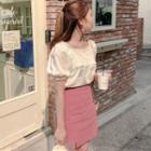 Lace Trim Puff-sleeve Blouse / High-waist Mini A-line Skirt
