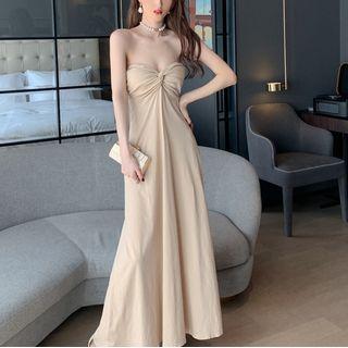 Set: Strapless Twisted Midi A-line Dress + Knit Cape