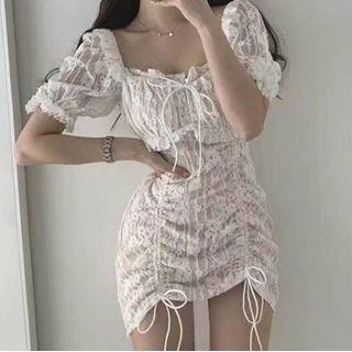 Bubble Sleeve Square Neck Lace Mini Sheath Dress