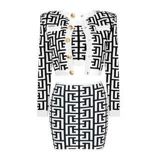 Set: Patterned Cropped Jacket + Tank Top + Mini Pencil Skirt