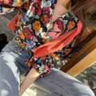 Puff-sleeve Notch-collar Floral Blouse