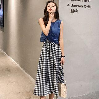 Set: Twisted Tank Top + Midi Plaid A-line Skirt