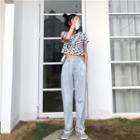 Floral Printed T-shirt / Straight-cut Jeans