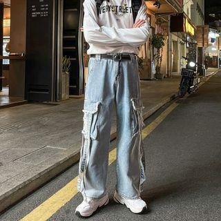 Distressed Washed Wide Leg Cargo Jeans