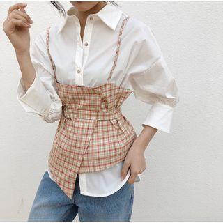 Set: Plain 3/4-sleeve Shirt + Plaid Camisole Top
