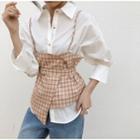 Set: Plain 3/4-sleeve Shirt + Plaid Camisole Top