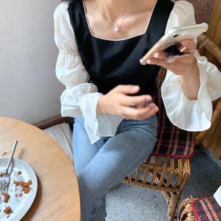 Square-neck Flare Long-sleeve Chiffon Shirt