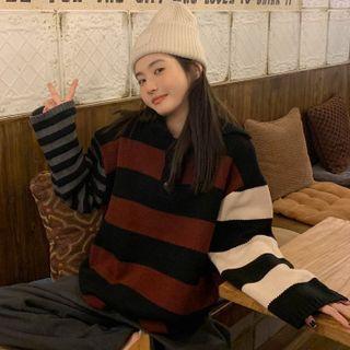 Color Block Striped Polo Sweater Black & Red - One Size