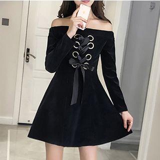 Off-shoulder Long-sleeve Corduroy Mini A-line Dress