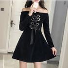 Off-shoulder Long-sleeve Corduroy Mini A-line Dress