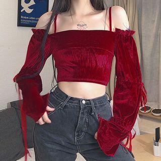 Bell-sleeve Cold-shoulder Velvet Crop Top